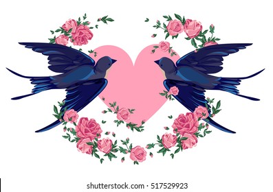 Swallow on the background of the heart with flowers, vector swallow, swallow illustration.