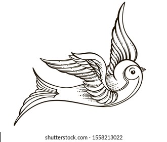 Swallow on white background . Hand drawn vector artwork isolated on white. Elegant tattoo design, freedom, dark romance. Print, poster, t-shirts and textiles.
