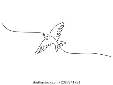 Swallow one line art drawing. Animal bird flying continuous outline. Vector illustration isolated. Minimalist design handdrawn.