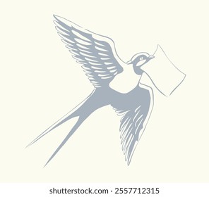 Swallow with paper card. Vector drawing
