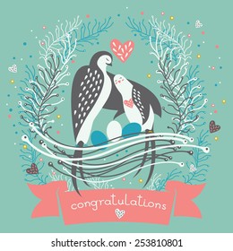 Swallow parents and eggs in the nest with ribbon and floral elements. Cute greeting Birthday card or invitation in vector.