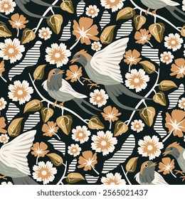 swallow pattern vintage style and hand draw line