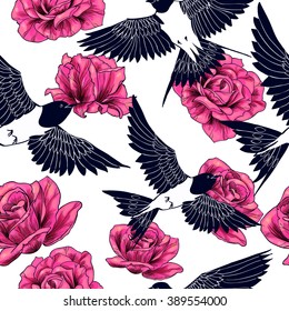 Swallow and Pink  Roses. Vector seamless pattern 