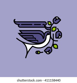 Swallow and purple flowers. Tattoo style vector illustration