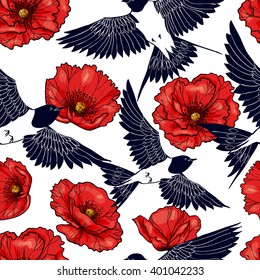 Swallow and  red poppies.Vector seamless pattern 