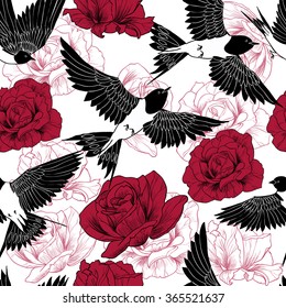 Swallow and red roses . Vector seamless pattern 