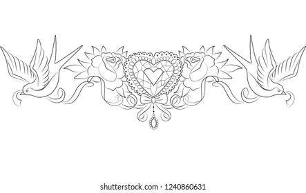 swallow roses and heart