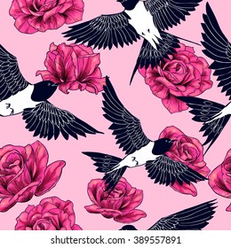 Swallow and roses on a pink background. Vector seamless pattern 