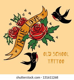 Swallow with roses. True love. Old school tattoo