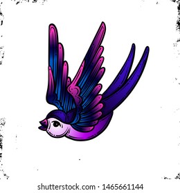 Swallow.Old School Traditional Tattoo. Violet and pink colors. On Vintage background. Vector isolation.Good for printing youth fashion t-shirts. Salon Tattoo Emblem, Temporary tattoo decal