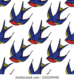 swallow seamless doodle pattern, traditional tattoo illustration 