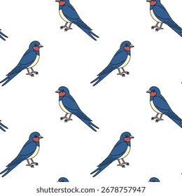 Engula o padrão sem emenda no estilo de desenho animado. Ilustração do contorno. Engolir rabiscos desenhados à mão. Aves da primavera vetor. Vetor