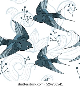  Swallow seamless pattern. Texture with hand drawn spring birds, waves and flowers. Vector doodle background. Colorful outline drawing 
