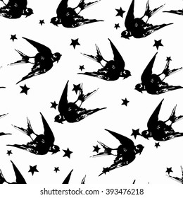 Swallow seamless vector, birds flying, animals, bird silhouette, bird vector. monochrome pattern. Black and white pattern