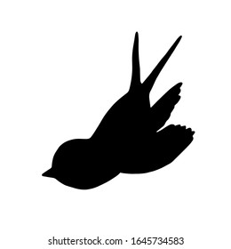 Сartoon swallow silhouette. Cute bird in flight icon. Vector illustration isolated on white background.  Black outline in doodle style. Template design for invitation, poster, card, web. 