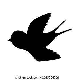 Сartoon swallow silhouette. Cute bird in flight icon. Vector illustration isolated on white background.  Black outline in doodle style. Template design for invitation, poster, card, web. 
