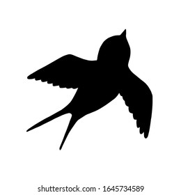 Сartoon swallow silhouette. Cute bird in flight icon. Vector illustration isolated on white background.  Black outline in doodle style. Template design for invitation, poster, card, web. 