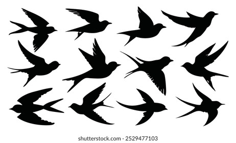 Swallow silhouettes set isolated flat vector illustration on white background.