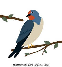 A swallow sits on a tree branch. Vector flat illustration.