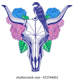 Swallow sitting on a bull's skull, roses in the background, Isolated on white