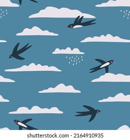 Swallow in the sky seamless pattern. Vector illustration of birds and clouds.