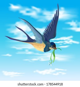A swallow soaring in skies carries a spring flower - snowdrop in a beak.