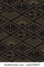 Swallow and the sun sailor pattern with the sea and anchor in black and gold colors.