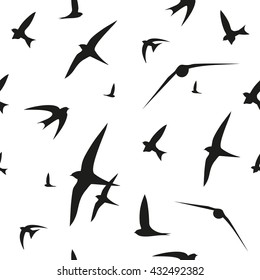 Swallow, swift, birds. Graphic vector pattern. Decorative seamless background