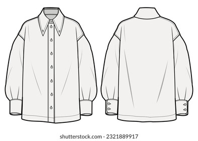 Swallow Tailed Collar Shirt Drop Shoulder Bishop Sleeve Shirt Front and Back View. Fashion Flat Sketch Vector Illustration, CAD, Technical Drawing, Flat Drawing, Template, Mockup.