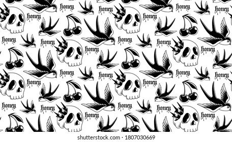 Swallow tattoo black seamless pattern