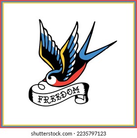 Swallow tattoo stock vector. Tattoo style swallow with banner, old school. Sailor Sticker. Freedom tattoo. Traditional tattoo vector