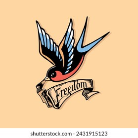 Swallow tattoo stock vector. Tattoo style swallow with banner, old school. Sailor Sticker. Freedom tattoo vector. Traditional tattoo art