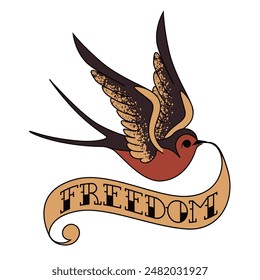 Swallow tattoo stock vector. Tattoo style swallow with banner, old school. Sailor Sticker. Freedom tattoo. Traditional tattoo vector