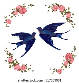 Swallow vector, vector illustration isolated bird, bird flying, bird silhouette, bird vector, swallow and flowers.