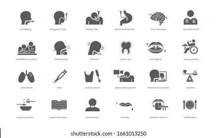 swallowing rehabilitation, dysphagia care, swallowing treatment icon set, flat design svg