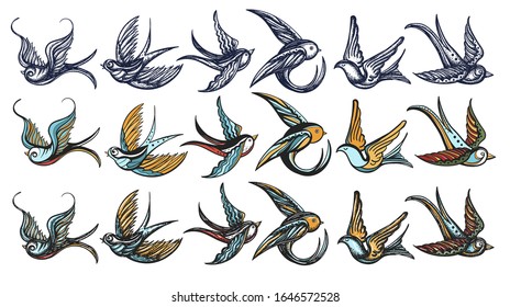 Swallows birds collection. Old school tattoo style. Hand drawn vector illustration 