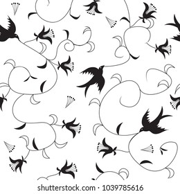 swallows black and white seamless vector pattern