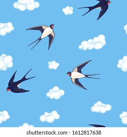Swallows in the blue sky and white clouds seamless pattern. Cartoon flying birds. Vector simple flat illustration.