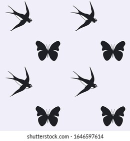 Swallows and butterflies - black on a light background - art, vector. Pattern