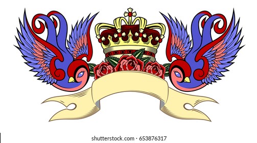 Swallows carrying a Crown and banner.  