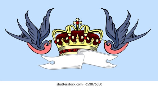 Swallows carrying a Crown and banner. Old school tattoo style