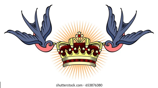 Swallows Carrying A Crown. Old School Tattoo Style