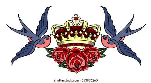 Swallows carrying a Crown and roses. Old school tattoo style