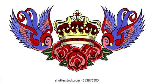 Swallows carrying a Crown and roses. Old school tattoo style