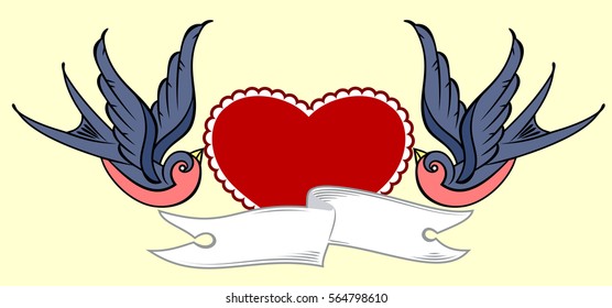 Swallows carrying a heart and banner. Old school tattoo style