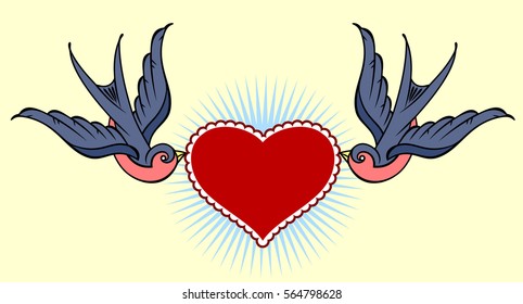 Swallows carrying a heart and banner. Old school tattoo style