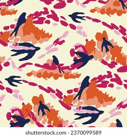 Swallows in the clouds seamless pattern. Not AI, drawn by hand.