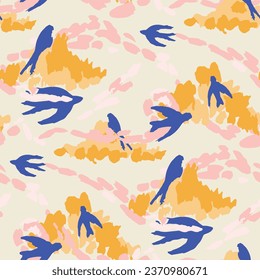 Swallows in the clouds seamless pattern. Not AI, drawn by hand.