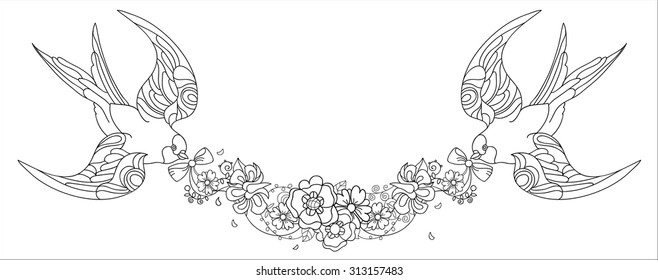 Swallows doodle with a garland of flowers on white background.
