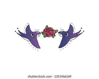 Swallows with flower on white background. Vector illustration.